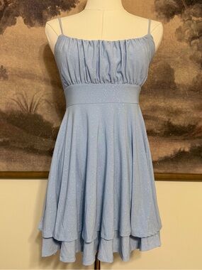 Glitter Metallic Scoop Neck Spaghetti Strap X-Back Skater Dress